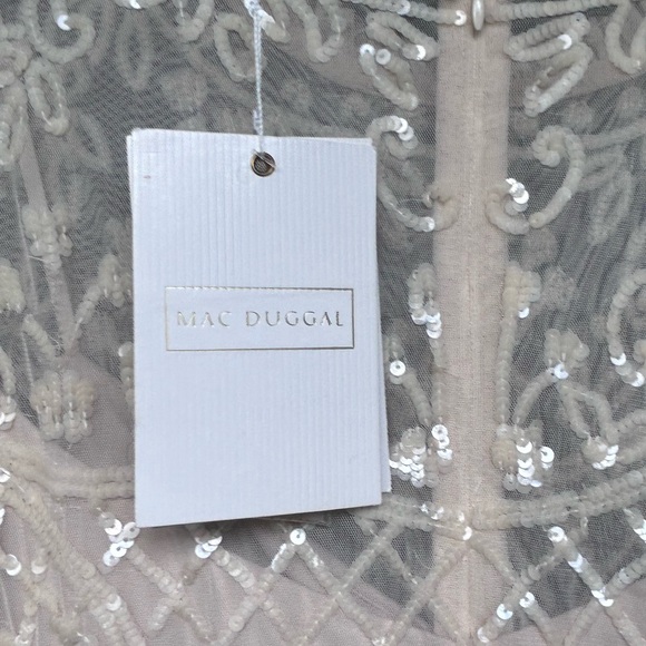 Mac Duggal Sequined Illusion High Neck Long Sleeve Midi Dress Cream 20 - Picture 6 of 9